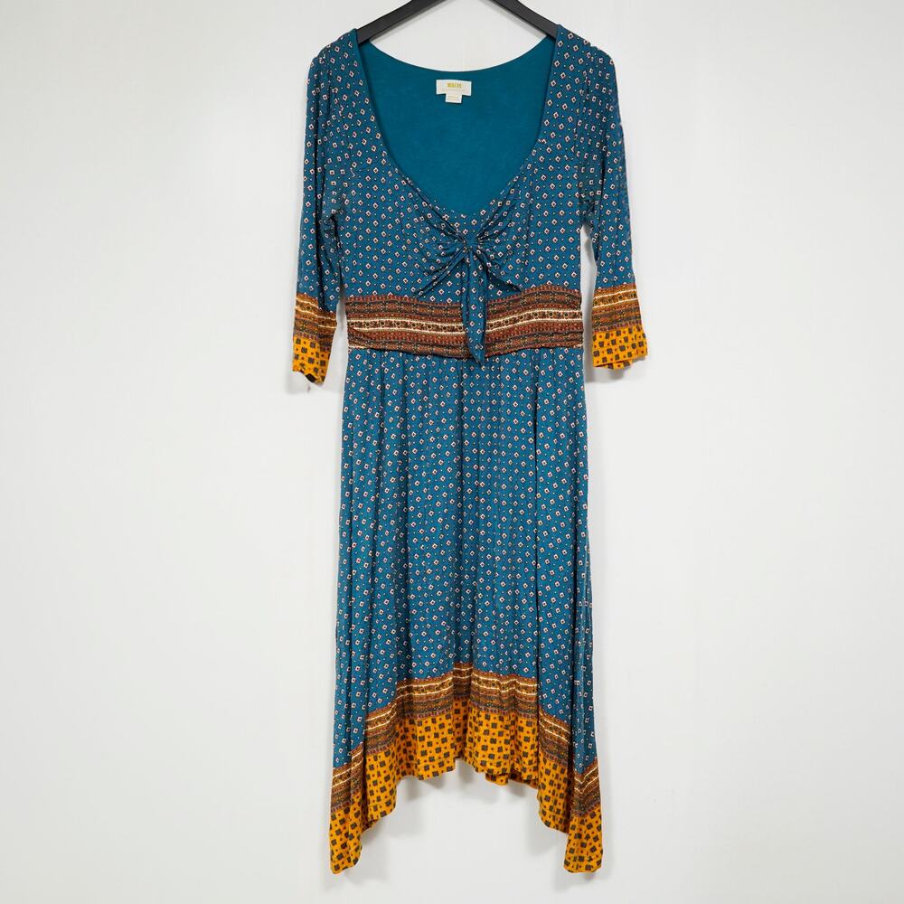 Maeve Anthropologie Blue Yellow Floral Midi Dress M Sweetheart Ruched Fit Flare